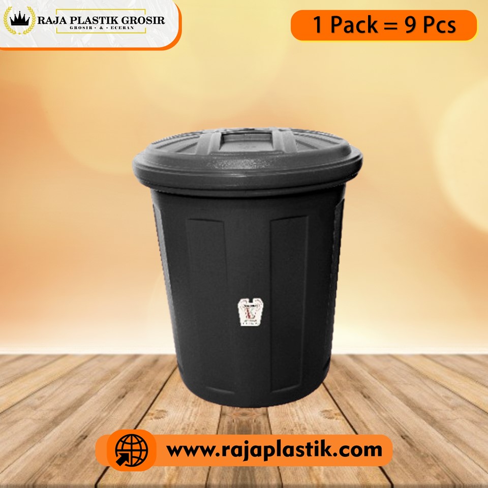 TONG SAMPAH PLASTIK TUTUP 80 LITER WARNA HITAM, JUAL HARGA GROSIR MURAH PER PACK ISI 9 PCS