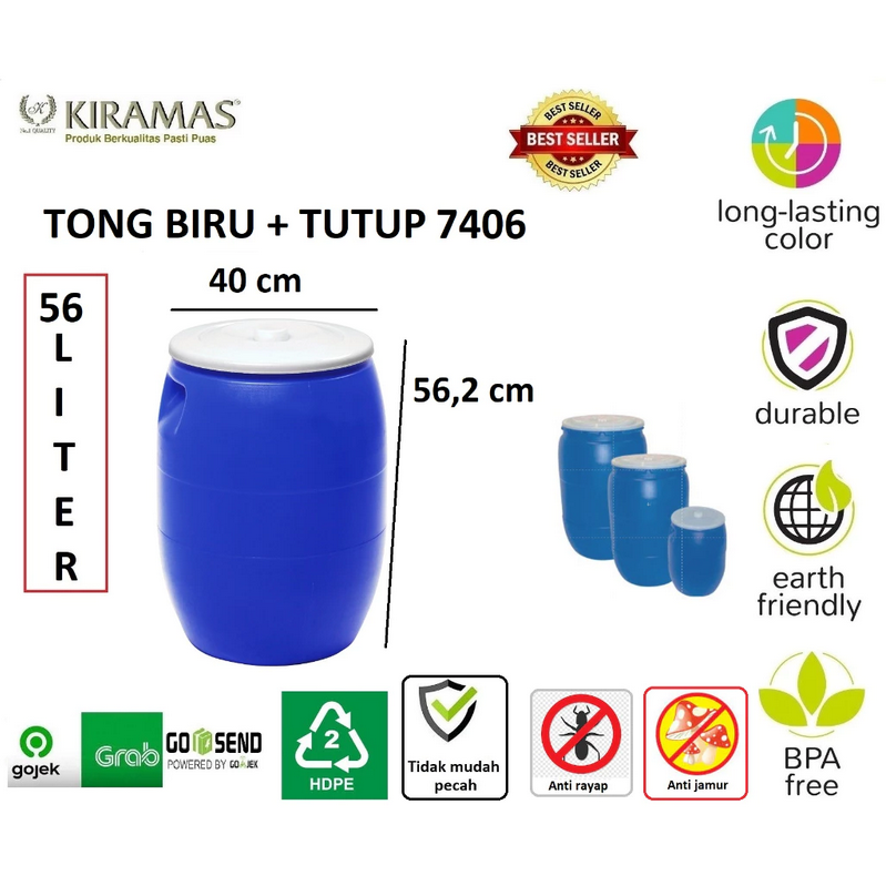 TONG AIR BIRU PLASTIK 56 LITER KIRAMAS 7406 DENGAN TUTUP, UKURAN D.40 x 56,2 CM | RAJAPLASTIK.COM