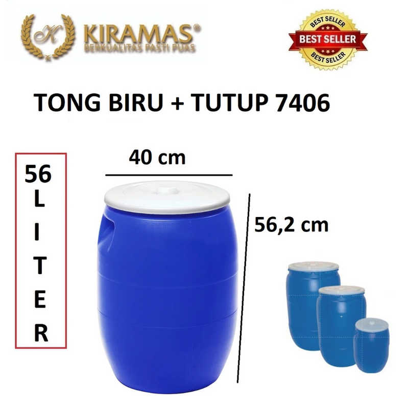 TONG AIR BIRU PLASTIK 56 LITER KIRAMAS 7406 DENGAN TUTUP, UKURAN D.40 x 56,2 CM | RAJAPLASTIK.COM