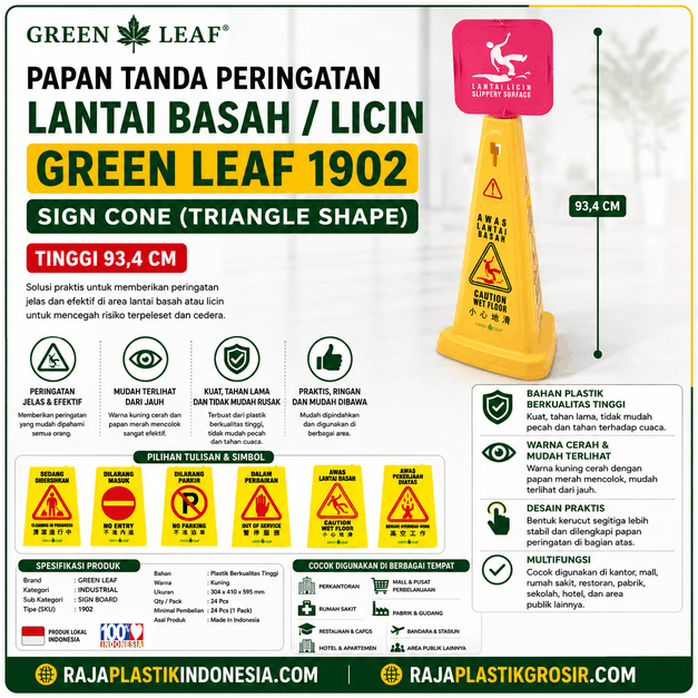 PAPAN TANDA PERINGATAN LANTAI BASAH / LICIN GREEN LEAF 1902 SIGN CONE (TRIANGLE SHAPE) TINGGI 93,4 CM | RAJAPLASTIK.COM