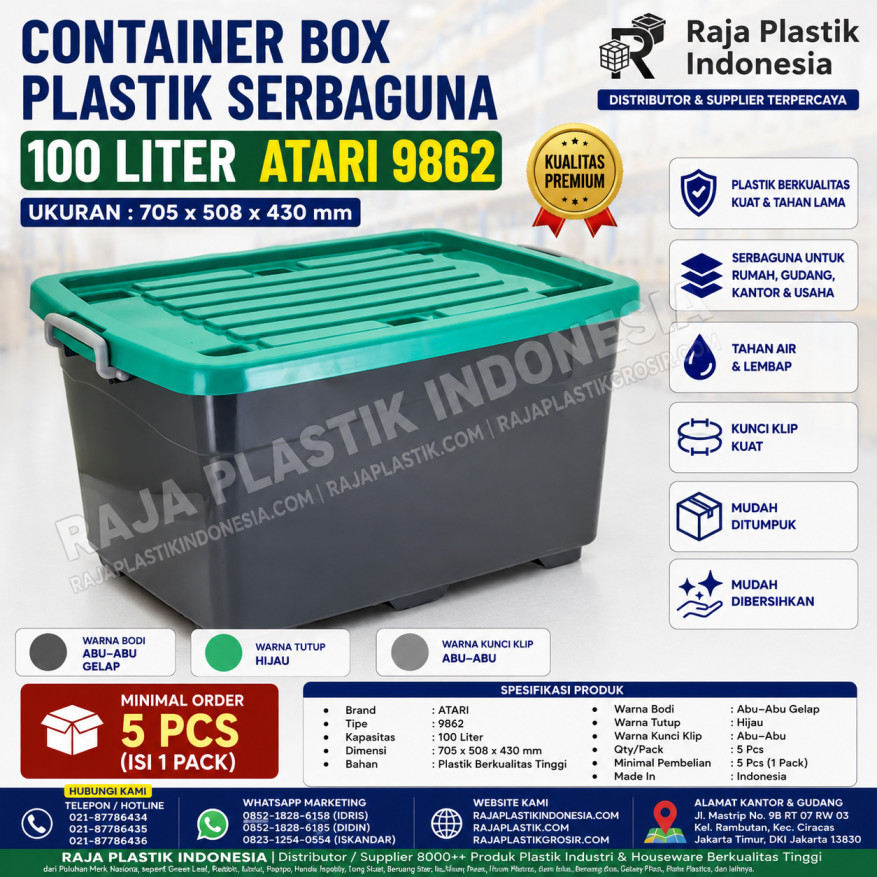 CONTAINER BOX PLASTIK BESAR SERBAGUNA 100 LITER ATARI 9862 UKURAN 705 x 508 x 430 mm: Solusi Penyimpanan Modern Berkapasitas Besar untuk Rumah, Gudang, Kantor, dan Berbagai Kebutuhan Usaha