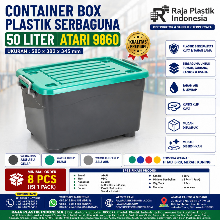 CONTAINER BOX PLASTIK SERBAGUNA 50 LITER ATARI 9860, UKURAN 580 x 382 x 345 mm: Solusi Penyimpanan Praktis, Kuat, dan Modern untuk Rumah, Kantor, Gudang, dan Bisnis