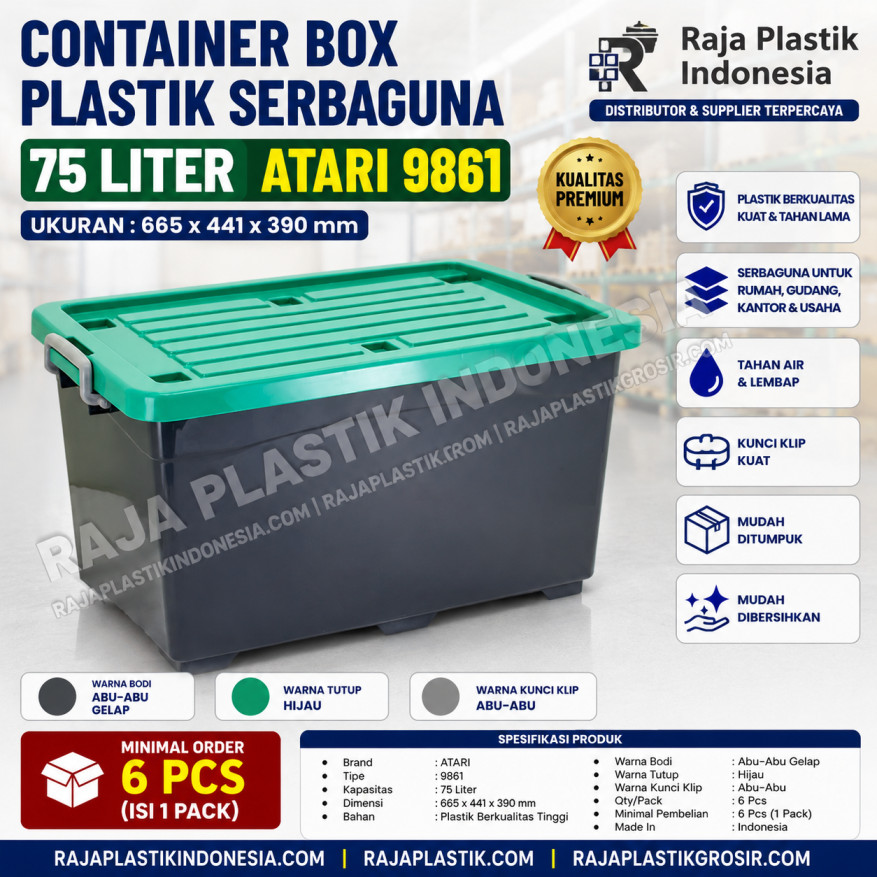 CONTAINER BOX PLASTIK SERBAGUNA 75 LITER ATARI 9861 UKURAN 665 x 441 x 390 mm: Solusi Penyimpanan Praktis, Kapasitas Besar, dan Berkualitas untuk Rumah, Kantor, Gudang, serta Berbagai Kebutuhan Usaha