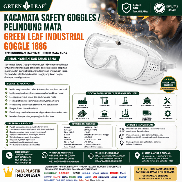 Jual GOGGLES SAFETY CLEAR GLASSES GREEN LEAF TIPE 1886 Berkualitas di Indonesia
