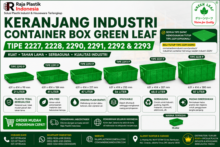 KERANJANG INDUSTRI CONTAINER BOX GREEN LEAF TIPE 2227, 2228, 2290, 2291, 2292 & 2293: Solusi Keranjang Industri Container Box Green Leaf Berkualitas untuk Penyimpanan, Pergudangan, Logistik, dan Distribusi Modern