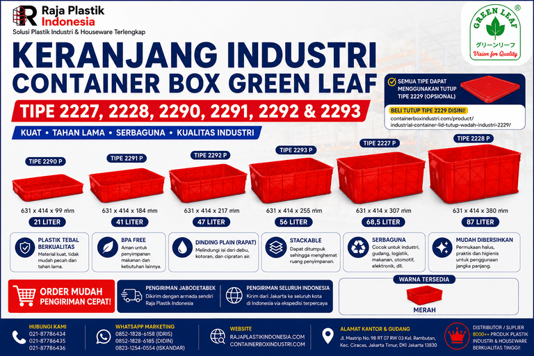 KERANJANG INDUSTRI CONTAINER BOX GREEN LEAF TIPE 2227, 2228, 2290, 2291, 2292 & 2293: Solusi Keranjang Industri Container Box Green Leaf Berkualitas untuk Penyimpanan, Pergudangan, Logistik, dan Distribusi Modern