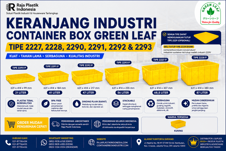 KERANJANG INDUSTRI CONTAINER BOX GREEN LEAF TIPE 2227, 2228, 2290, 2291, 2292 & 2293: Solusi Keranjang Industri Container Box Green Leaf Berkualitas untuk Penyimpanan, Pergudangan, Logistik, dan Distribusi Modern