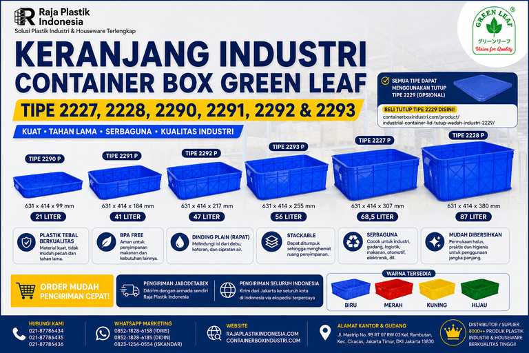 KERANJANG INDUSTRI CONTAINER BOX GREEN LEAF TIPE 2227, 2228, 2290, 2291, 2292 & 2293: Solusi Keranjang Industri Container Box Green Leaf Berkualitas untuk Penyimpanan, Pergudangan, Logistik, dan Distribusi Modern