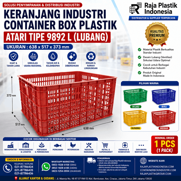 KERANJANG INDUSTRI CONTAINER BOX PLASTIK ATARI TIPE 9892 L (LUBANG), UKURAN 638 x 517 x 373 mm: Solusi Penyimpanan Industri yang Kuat, Higienis, dan Efisien