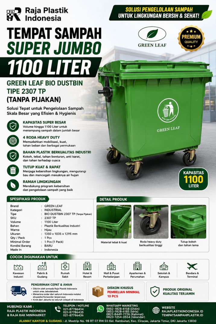 TEMPAT SAMPAH SUPER JUMBO 1100 LITER GREEN LEAF BIO DUSTBIN TIPE 2307 TP (TANPA PIJAKAN): Solusi Tempat Sampah Industri Berkapasitas Super Jumbo untuk Pengelolaan Sampah yang Efisien