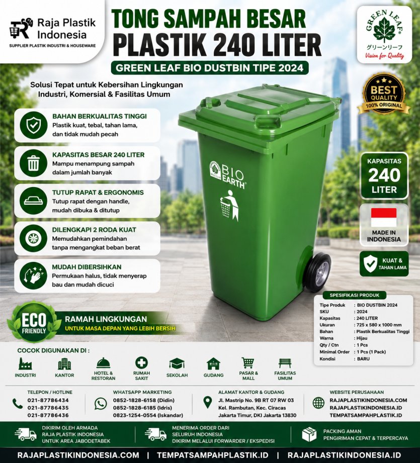 TONG SAMPAH BESAR PLASTIK 240 LITER GREEN LEAF BIO DUSTBIN TIPE 2024: Solusi Tempat Sampah Outdoor Berkapasitas Besar, Kokoh, Higienis, dan Mudah Dipindahkan