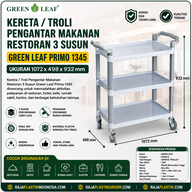 Jual KERETA / TROLI PENGANTAR MAKANAN RESTORAN 3 SUSUN GREEN LEAF PRIMO 1345 Berkualitas di Indonesia